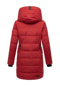 Red padded winter coat with a hood, featuring a textured finish, elastic drawstring waist, and contrasting black cuffs.