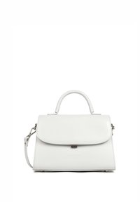 Borsa a tracolla in pelle bianca con un design strutturato, manico superiore e tracolla removibile. Presenta un pattino frontale e hardware minimalista.