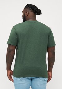 Grünes Baumwoll-T-Shirt mit kurzen Ärmeln und Rundhalsausschnitt, mit geradem Schnitt und glatter Textur. Schlichtes Design, minimale Details.