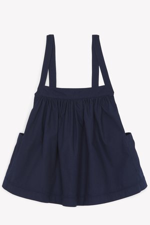 Navy blue sleeveless top with gathered fabric, featuring two side pockets and adjustable straps, made from a lightweight cotton material.