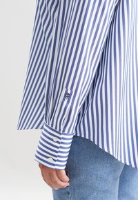 Blau-weißer gestreifter Hemd mit langen Ärmeln, ausgestattet mit einem abgerundeten Saum und Fassungsärmeln, gefertigt aus einem glatten Stoff.