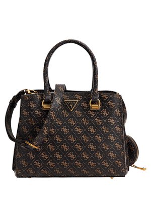 Black Guess handbag with brown monogram pattern, gold hardware, two handles, adjustable shoulder strap, and a small attached round pouch.