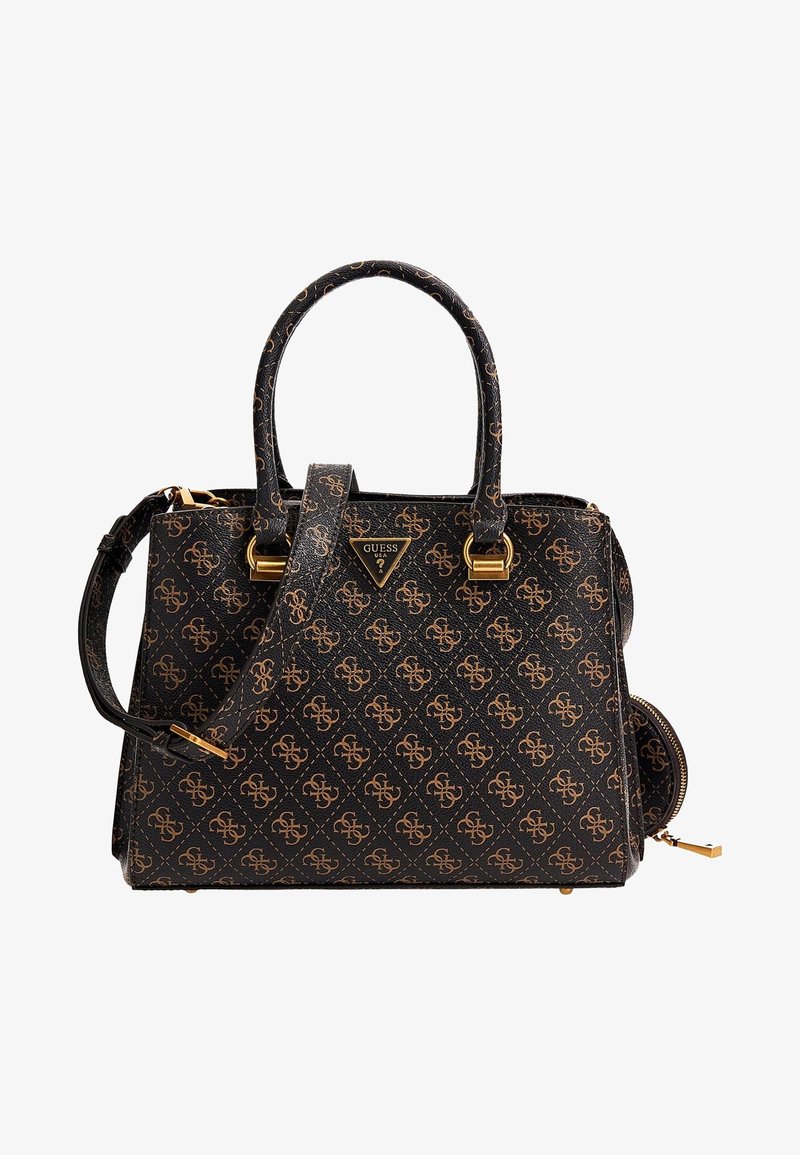 Sac à main noir Guess avec motif monogramme marron, ferrures dorées, deux poignées, bandoulière réglable et une petite pochette ronde attachée.