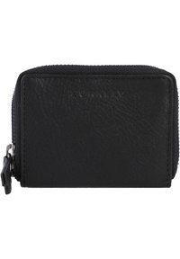 Zwarte leren portemonnee met een gestructureerde afwerking, voorzien van een ritssluiting en een reliëflogo aan de voorkant. Compacte rechthoekige vorm.