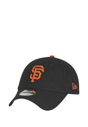 Black baseball cap with orange embroidered "SF" logo and stitching. Features a curved visor and adjustable strap at the back.