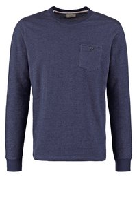 Long-sleeve navy blue shirt with a textured fabric, featuring a small pocket and contrasting ribbed cuffs and neckline.