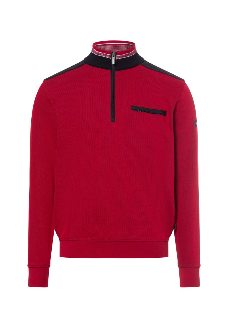 Pullover rosso con mezza zip, dettagli neri sulle spalle e sul colletto, tessuto strutturato e tasca con zip sul petto.