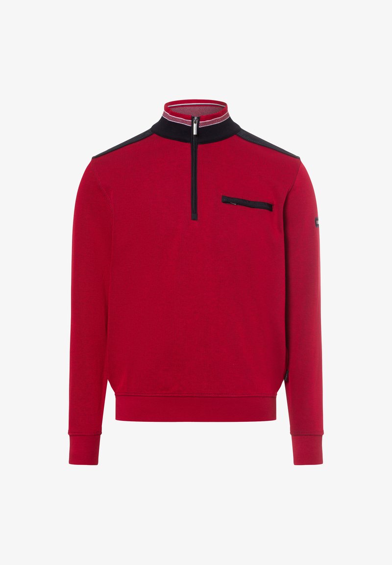 Pullover rosso con mezza zip, dettagli neri sulle spalle e sul colletto, tessuto strutturato e tasca con zip sul petto.