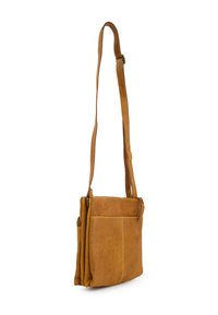 Tan leather crossbody bag with adjustable strap, front pocket, and zippered main compartment, shown against white background.