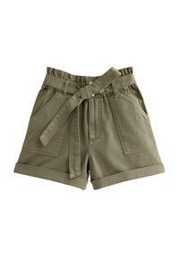 Shorts in cotone verde oliva con vita regolabile, orlo arrotolato e due tasche frontali. Texture liscia e dettagli di cucitura visibili.