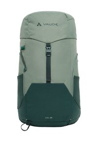 Sac à dos en textile vert au design structuré, avec une poignée sur le dessus, une poche latérale zippée et un panneau inférieur résistant étiqueté "JURA 24".