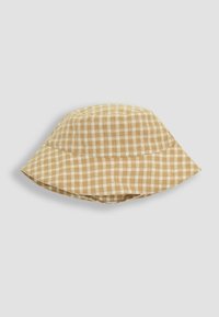 Pruun ja kreemikad gingham-stiilis kübar, millel on lai äär, pehme kangas ja struktureeritud kroon. Lihtne, ruuduline muster üle kogu kübara.