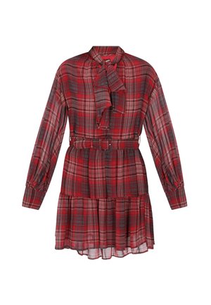 Robe écossaise rouge à manches longues, col noué, taille ceinturée et ourlet froncé à volants. Fabriquée en tissu léger avec un motif à carreaux.