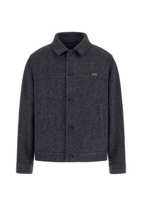 Pilkas herringbone rašto vilnos mišinio švarkas, su apykakle, priekiniais sagomis ir maža prekės ženklo logotipu ant krūtinės.