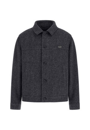 Grau karierter Blazer aus Wollmischung, mit Kragen, vorderem Knopfverschluss und kleinem Markenlogo auf der Brust.