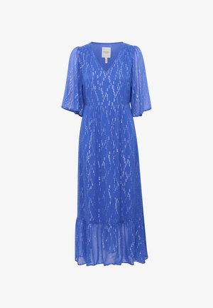 Robe midi bleu en tissu transparent, avec un décolleté en V, des manches ballon et un ourlet volanté à plusieurs niveaux, orné d'un motif subtil.