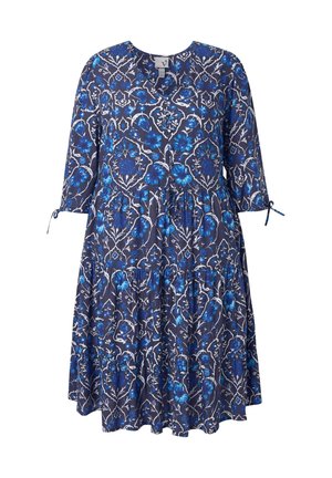 Mørkeblå knælængde kjole med blåt blomsterprint, 3/4 ærmer, V-hals, indsnævring i taljen og små bindebånd ved ærmekanterne.