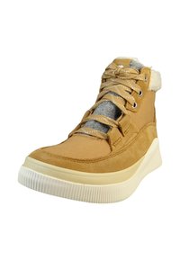 Tan high-top sneaker with suede and textured fabric, padded collar, lace-up front, and white rubber outsole. Soft gray lining visible.