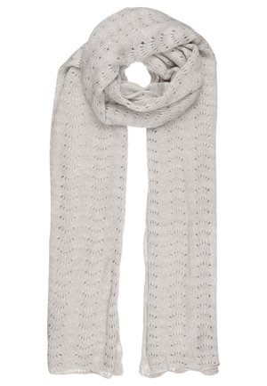 Hellgrauer gestrickter Schal mit filigranem Lochmuster, zu einer lockeren Schlaufe gelegt, wobei beide Enden herunterhängen.