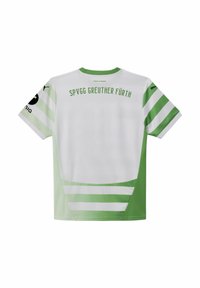 Grøn og hvid sportsjersey med vandrette striber. Har en rund krave, korte ærmer og teksten "SPVGG GREUTHER FÜRTH" på ryggen.