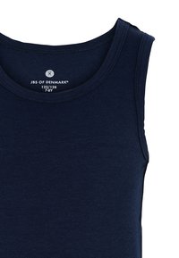 Navy blue sleeveless tank top made of smooth cotton. Features a round neckline and no visible patterns or accents. Size tag included.