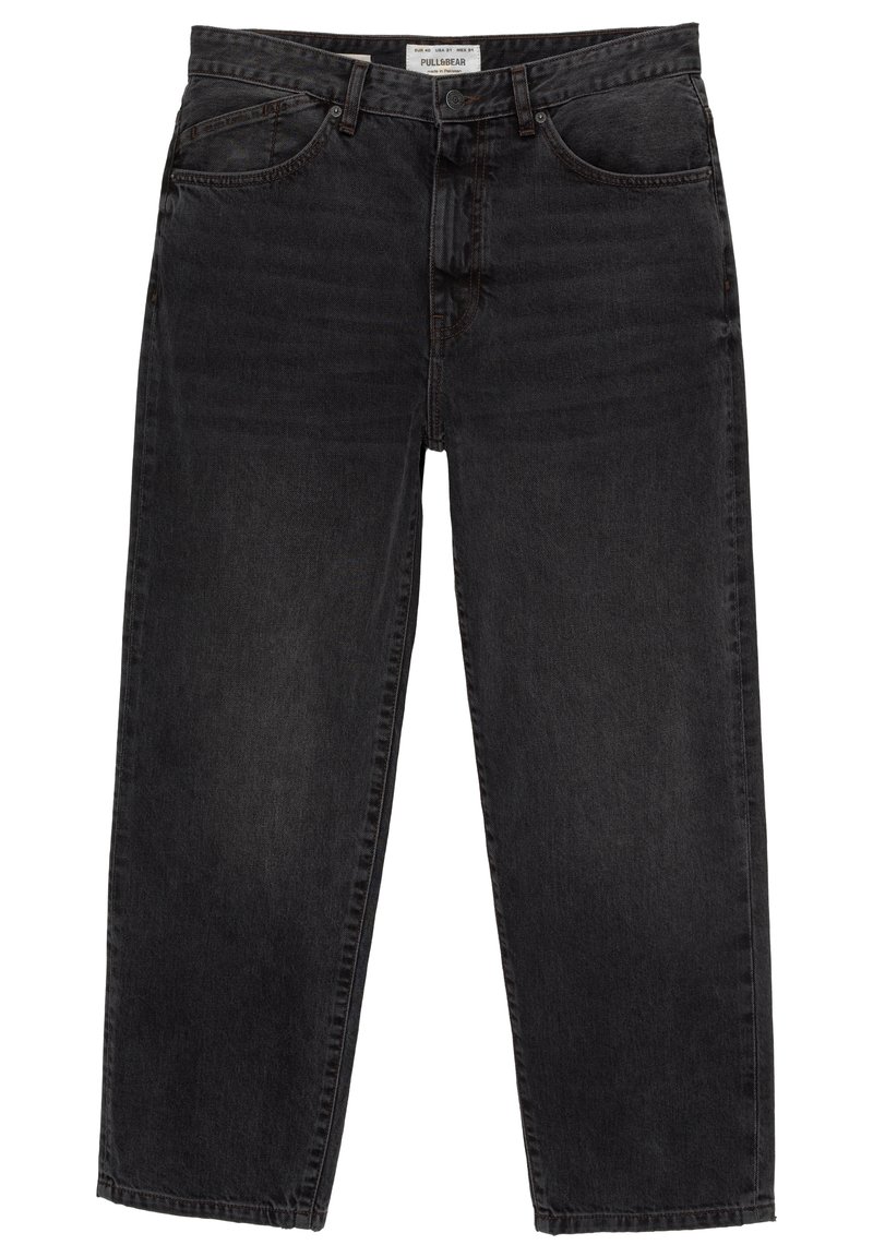 Jeans in denim nero con una vestibilità ampia, cinque tasche e cuciture a contrasto. Il tessuto presenta una leggera trama e una forma a gamba dritta.