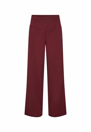 Maroon wide-leg pants with a high waistband, made from a smooth, stretchy fabric. Features a relaxed fit and no visible embellishments.