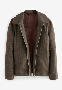 Brown plaid zip-up jacket with a wide collar, two front pockets, and a smooth maroon lining. Features a metallic zipper and structured silhouette.