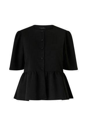 Sort kortærmet peplum-bluse med rund halsudskæring og fem stofbeklædte knapper ned foran i midten.