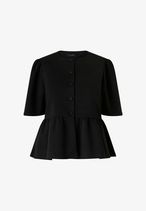 Schwarze kurzärmlige Peplum-Bluse mit rundem Ausschnitt und fünf mit Stoff bezogenen Knöpfen in der vorderen Mitte.