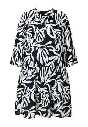 Schwarz-weißes knieumspieltes Kleid mit Stufenrock, 3/4 Glockenärmeln und abstraktem Blattmuster.