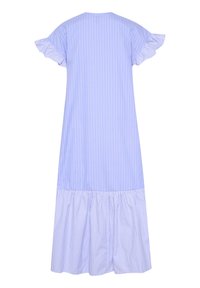 Light blue, striped midi dress with short ruffled sleeves, a round neck, and a gathered bottom hem. Made of a soft textile material.