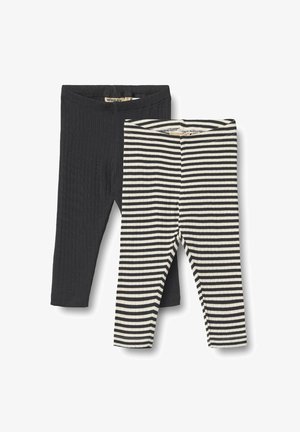 Du komplektai leggingų: vieni vientisi juodi su reljefu, o kiti juodi su baltais dryžiais, taip pat su elastinėmis juostomis.