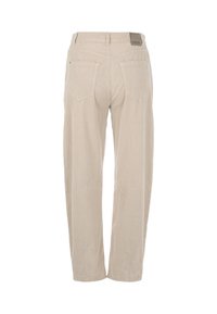 Beige Cordhose mit entspannter Passform, Rückentaschen und gewebter Struktur. Der Taillenbund ist mit einem Stoffetikett zur Markenkennzeichnung versehen.
