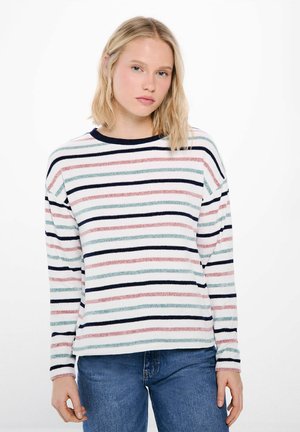 Gestreepte trui in het wit, met horizontale strepen in blauw, roze en groen. Relaxed fit met lange mouwen en een ronde hals.