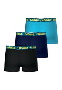 Trois paires de boxers en bleu, marine et noir. Chacune présente une ceinture élastique à motifs avec "Athena" en jaune.