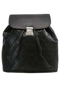 Sac à dos en cuir matelassé noir avec fermeture à cordon de serrage et quincaillerie argentée. Le sac a une forme structurée et une texture lisse.