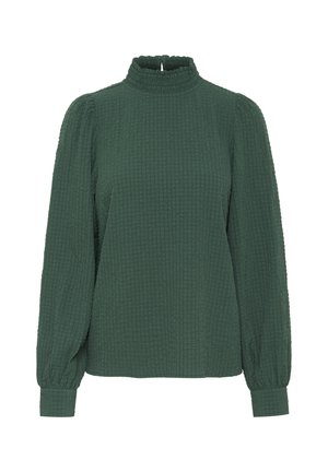 Green textured blouse with a high neck, long sleeves, and gathered accents. Features a crinkled fabric and a relaxed fit.