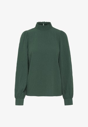 Green textured blouse with a high neck, long sleeves, and gathered accents. Features a crinkled fabric and a relaxed fit.
