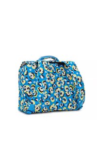 Blue patterned bag featuring a floral design with yellow, black, and white accents. It has dual handles and a structured shape.