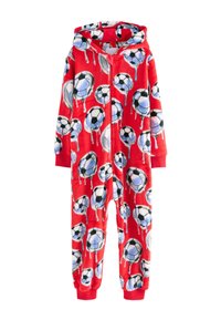 Tutina in pile morbido rossa con cappuccio, caratterizzata da un motivo ripetuto di palloni da calcio con gocce e dettagli in blu e bianco. Chiusura frontale con cerniera.