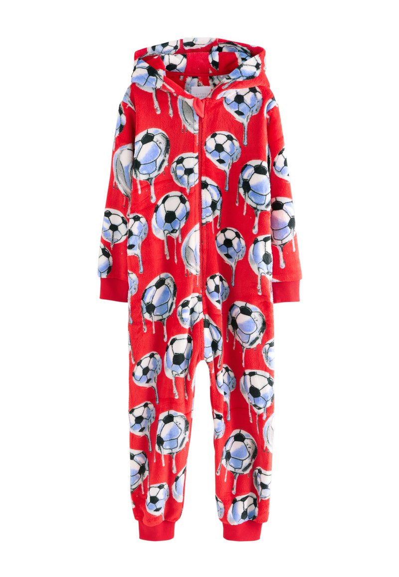 Tutina in pile morbido rossa con cappuccio, caratterizzata da un motivo ripetuto di palloni da calcio con gocce e dettagli in blu e bianco. Chiusura frontale con cerniera.