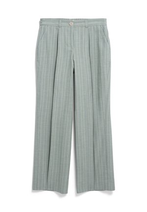 Light green, wide-leg trousers made of a textured fabric with vertical stripes, featuring side pockets and a button closure at the waist.