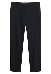 Zwężane czarne spodnie z gładkiego materiału, z bocznymi kieszeniami i płaskim paskiem w talii, bez widocznych zapięć.