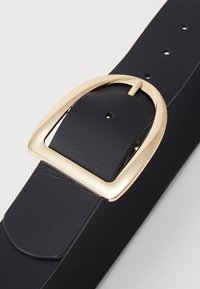 Black leather belt featuring a gold rectangular buckle, with visible holes for adjustment and a smooth texture.