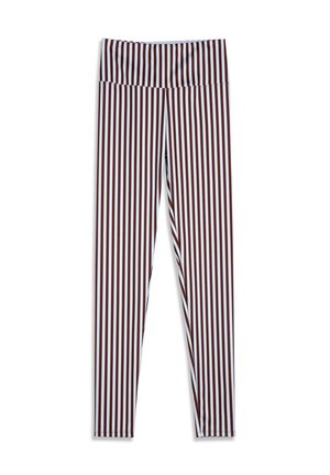 Leggings met hoge taille met verticale witte en donkerrode strepen, volledige lengte, gemaakt van rekbare stof.