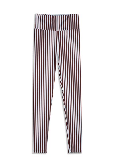 Leggings taille haute avec rayures verticales blanches et rouge foncé, longueur totale, en tissu stretch.