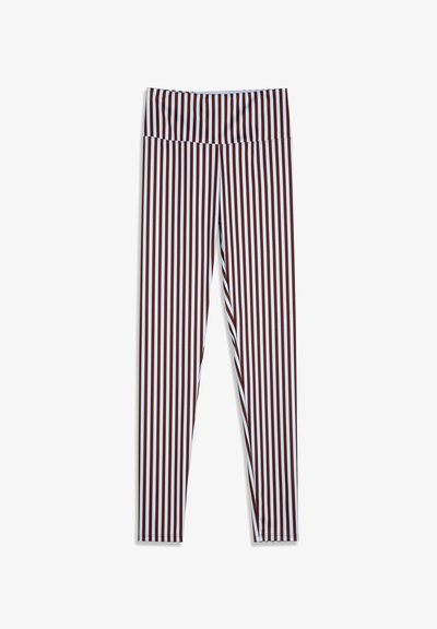 Leggings taille haute avec rayures verticales blanches et rouge foncé, longueur totale, en tissu stretch.