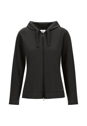 Black zip-up hoodie made of soft fabric. Features a hood, drawstrings, and zippered front. Simple design with no visible patterns or accents.