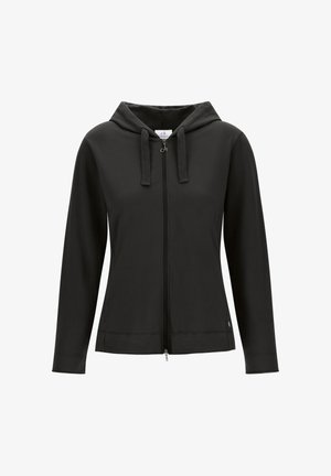 Sudadera negra con cremallera hecha de tela suave. Cuenta con capucha, cordones y cierre frontal con cremallera. Diseño sencillo sin patrones ni detalles visibles.